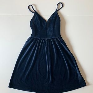 Dark Blue Ribbed Velvet Boutique Mini Dress, XS